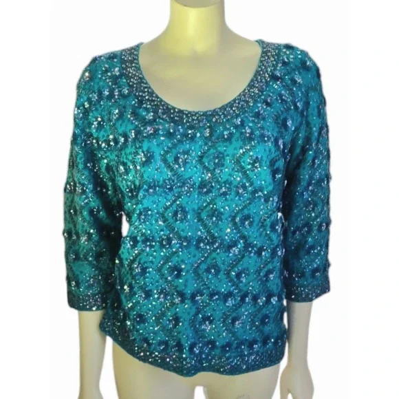 Vintage 60s Wool Beaded Sequin Sweater Back Zip Turquoise Silk-lined By Cavanagh